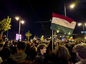 Hungarians celebrate election results on April 12, 2026