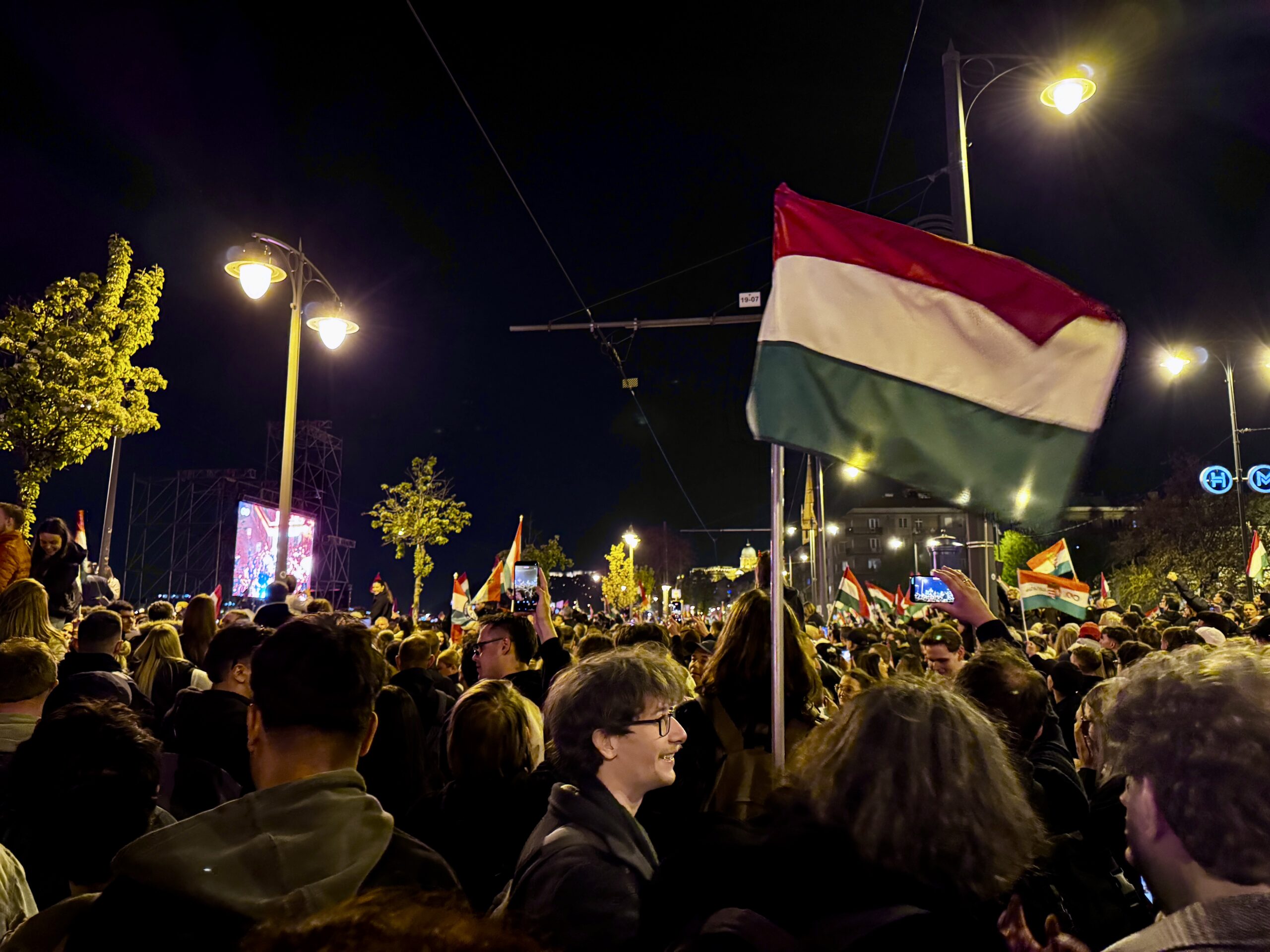 Hungarians celebrate election results on April 12, 2026